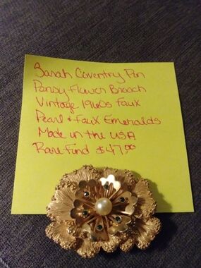 Sarah Coventry Gold Flower Brooch with Faux Pearl and Green Stones Vintage 1960s